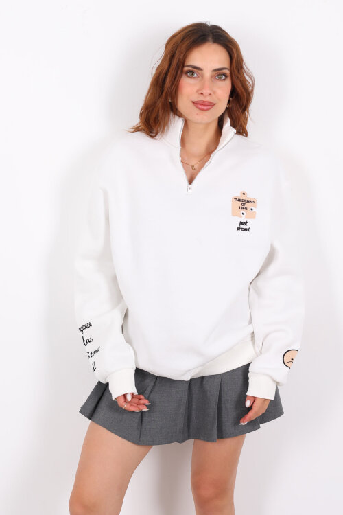 Post Present Baskılı Yarım Fermuarlı Üç İplik Beyaz Kadın Sweat - 4
