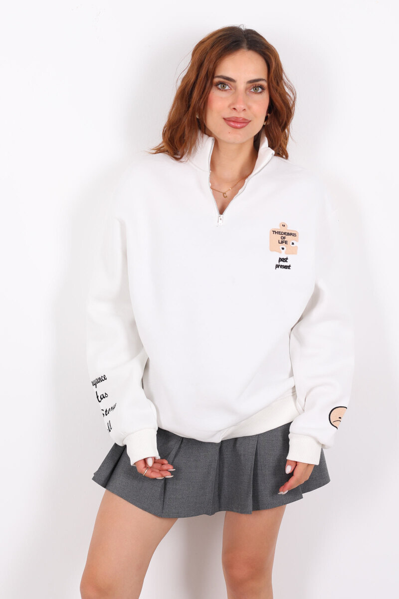 Post Present Baskılı Yarım Fermuarlı Üç İplik Beyaz Kadın Sweat - 4