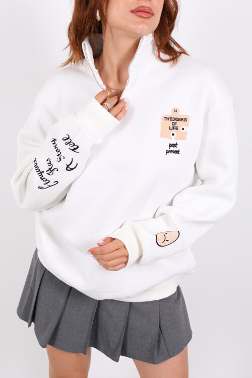 Post Present Baskılı Yarım Fermuarlı Üç İplik Beyaz Kadın Sweat - Berox (1)