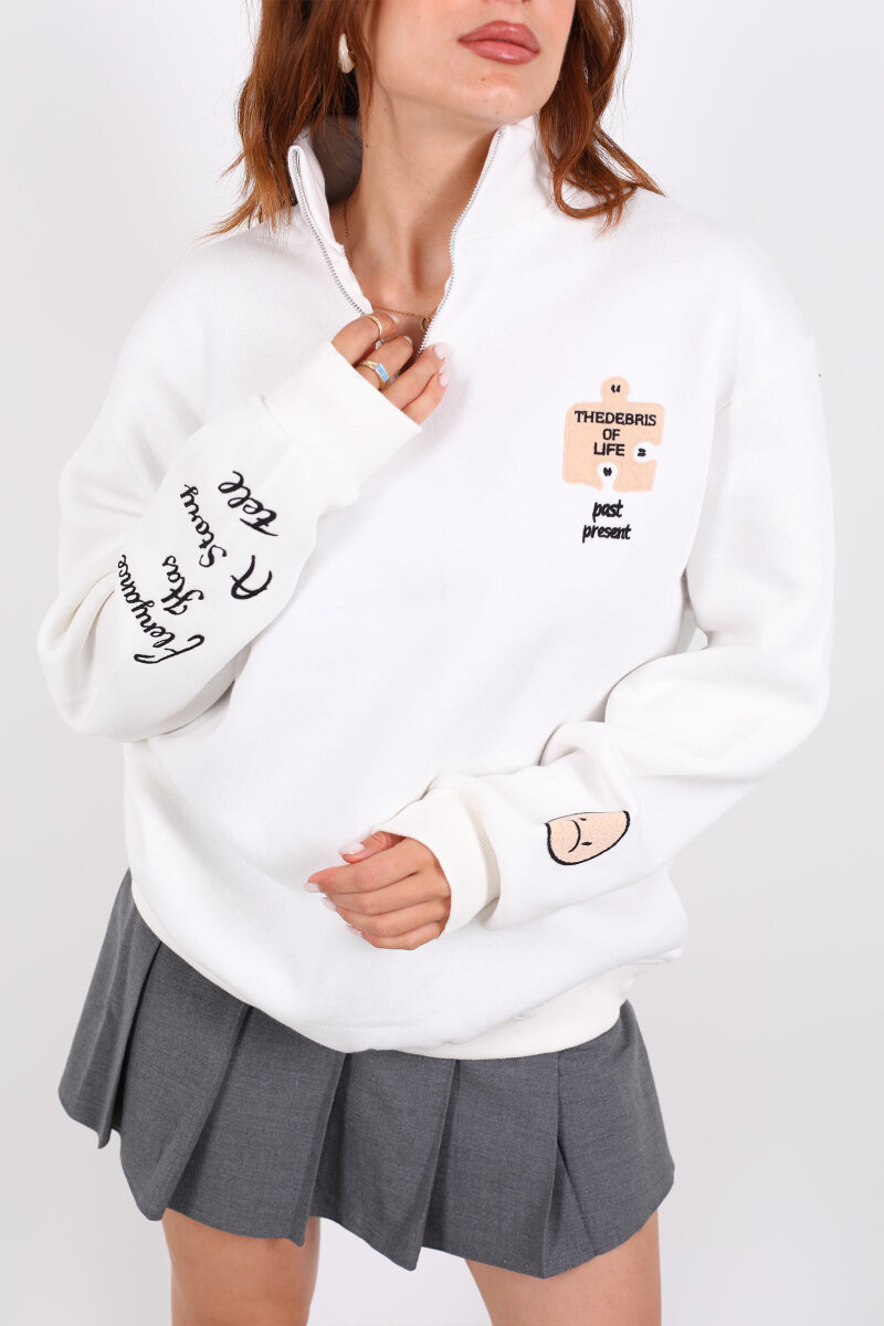Post Present Baskılı Yarım Fermuarlı Üç İplik Beyaz Kadın Sweat - 2