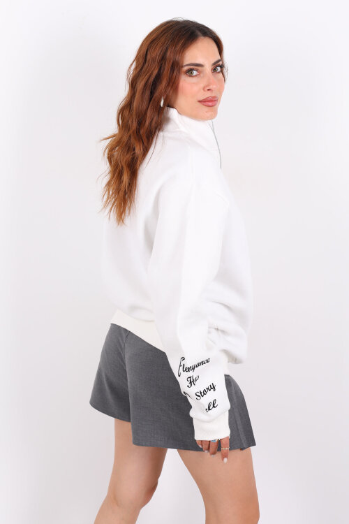 Post Present Baskılı Yarım Fermuarlı Üç İplik Beyaz Kadın Sweat - 5