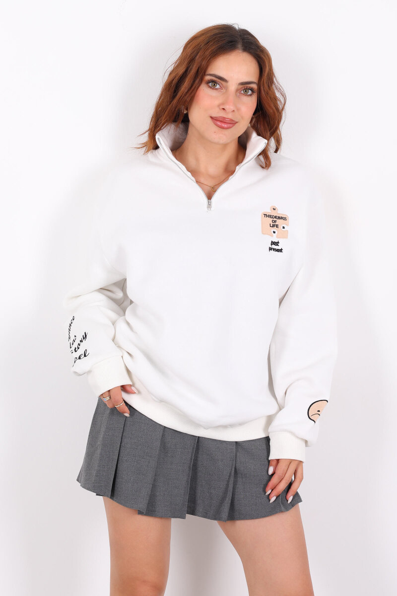 Post Present Baskılı Yarım Fermuarlı Üç İplik Beyaz Kadın Sweat - 1