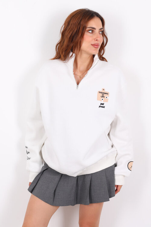 Post Present Baskılı Yarım Fermuarlı Üç İplik Beyaz Kadın Sweat - 6