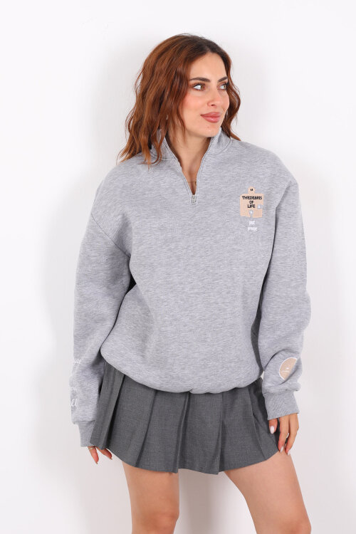 Post Present Baskılı Yarım Fermuarlı Üç İplik Gri Kadın Sweat - 3