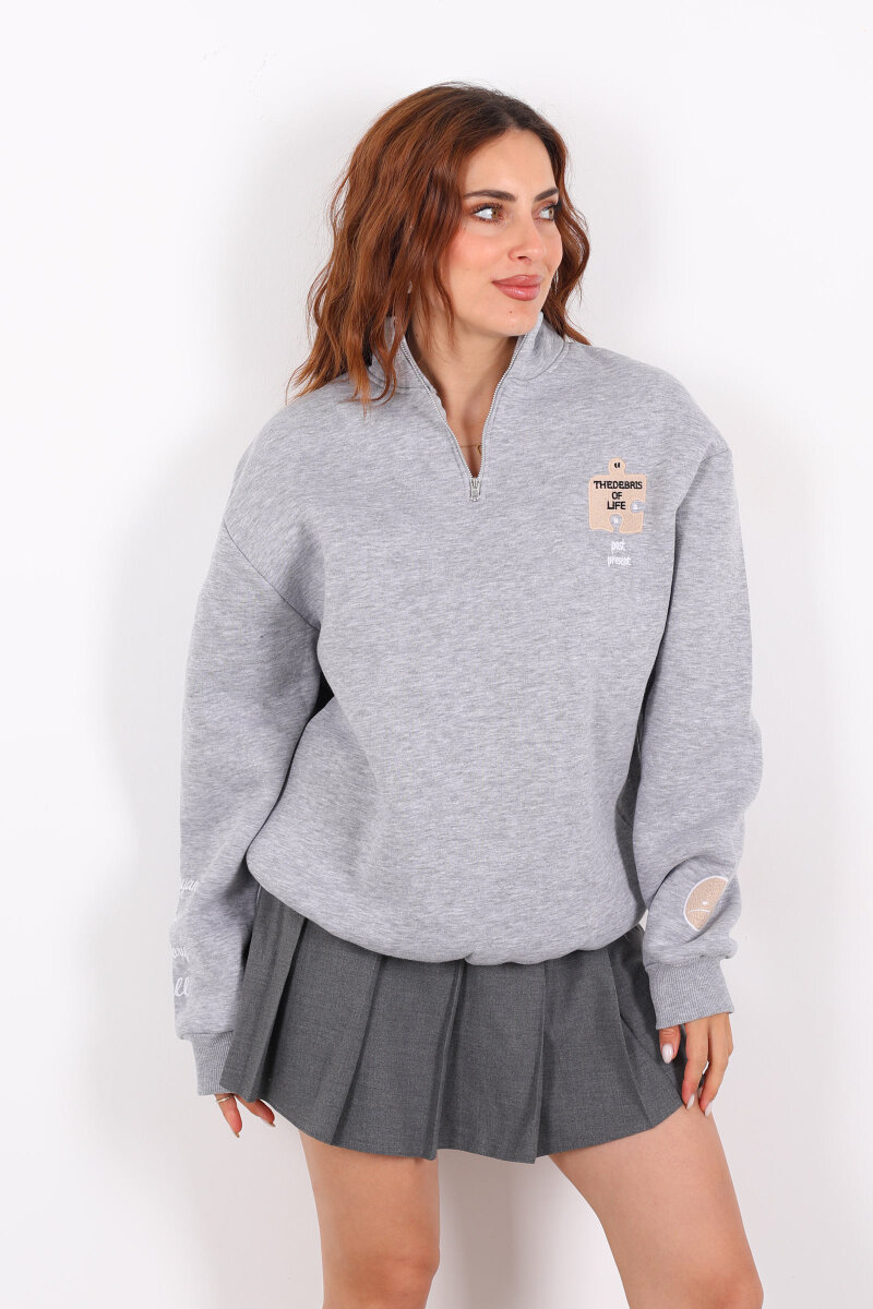 Post Present Baskılı Yarım Fermuarlı Üç İplik Gri Kadın Sweat - 3