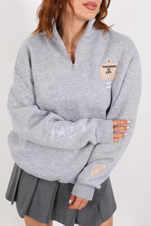 Post Present Baskılı Yarım Fermuarlı Üç İplik Gri Kadın Sweat - Berox (1)