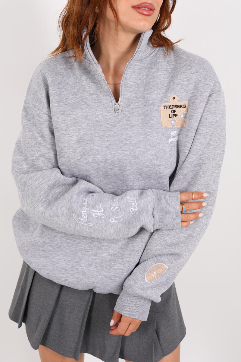 Post Present Baskılı Yarım Fermuarlı Üç İplik Gri Kadın Sweat - 2