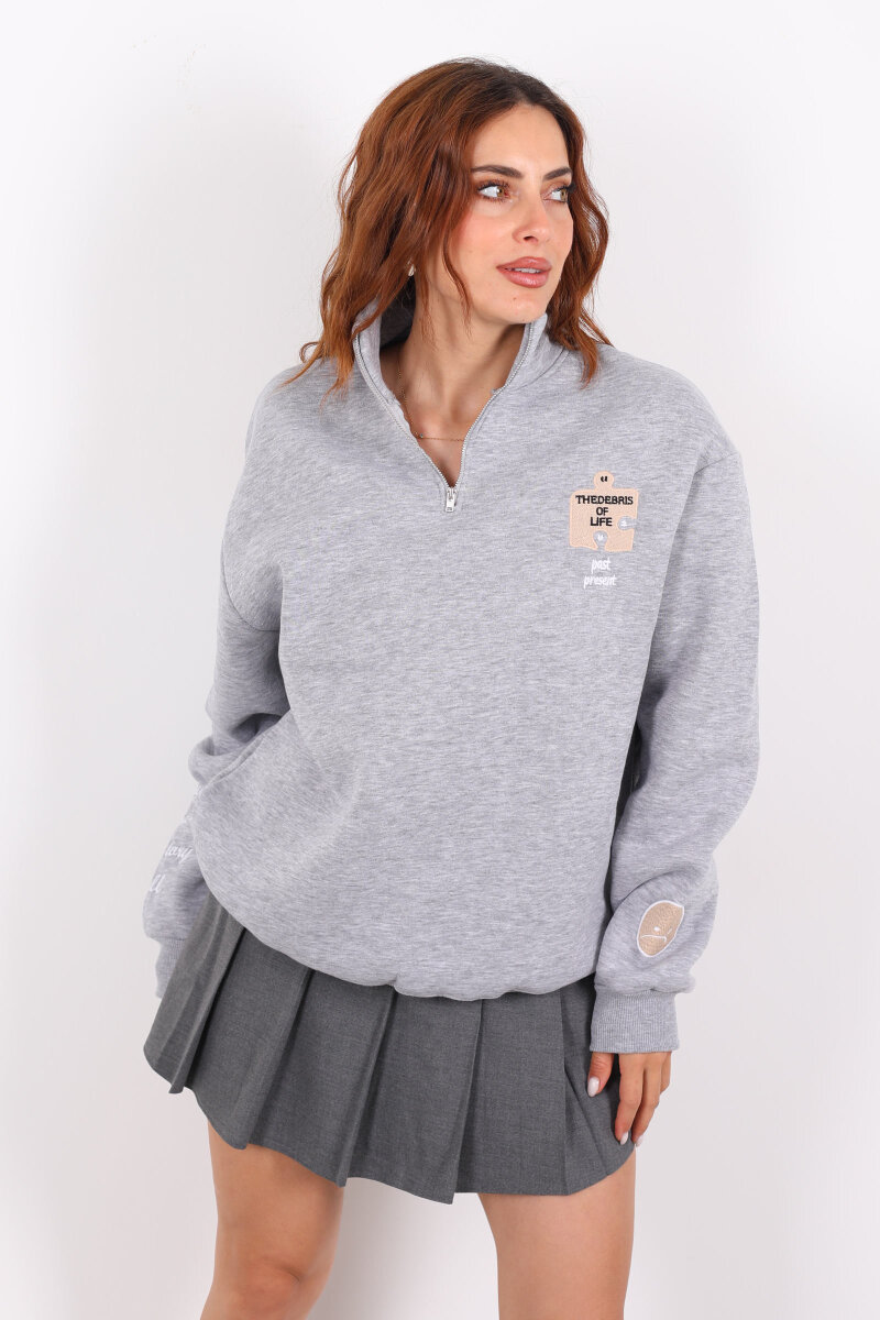 Post Present Baskılı Yarım Fermuarlı Üç İplik Gri Kadın Sweat - 6