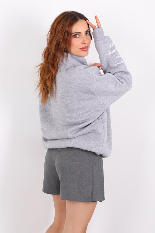 Post Present Baskılı Yarım Fermuarlı Üç İplik Gri Kadın Sweat - 5