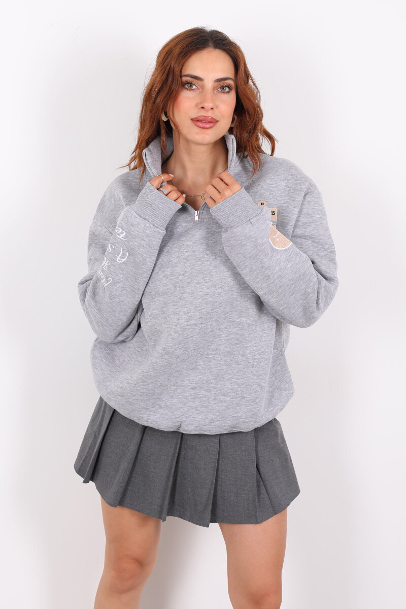 Post Present Baskılı Yarım Fermuarlı Üç İplik Gri Kadın Sweat - 4