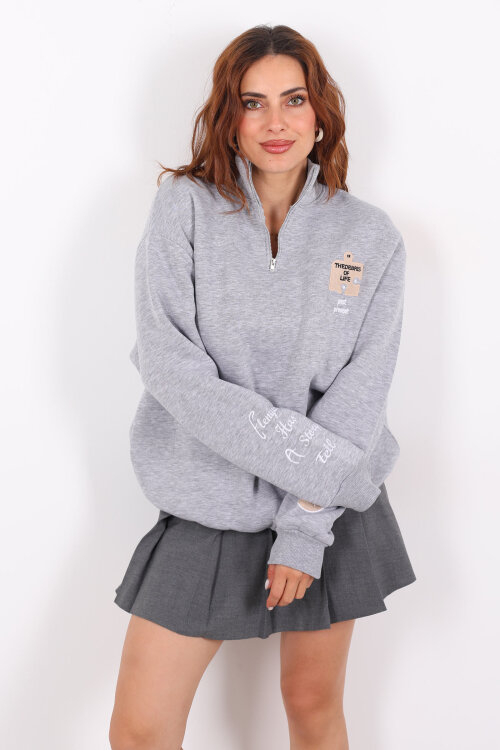 Post Present Baskılı Yarım Fermuarlı Üç İplik Gri Kadın Sweat - Berox