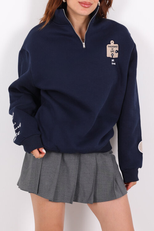 Post Present Baskılı Yarım Fermuarlı Üç İplik Lacivert Kadın Sweat - Berox (1)