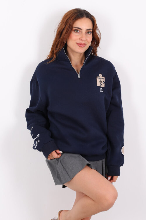 Post Present Baskılı Yarım Fermuarlı Üç İplik Lacivert Kadın Sweat - Berox