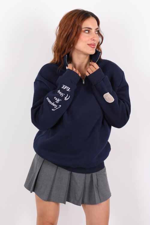 Post Present Baskılı Yarım Fermuarlı Üç İplik Lacivert Kadın Sweat - 3