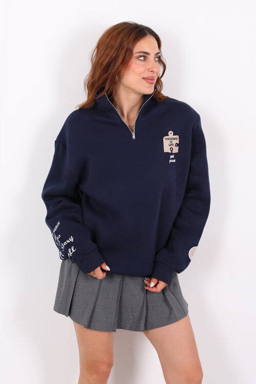 Post Present Baskılı Yarım Fermuarlı Üç İplik Lacivert Kadın Sweat - 6