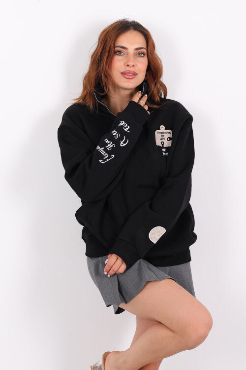 Post Present Baskılı Yarım Fermuarlı Üç İplik Siyah Kadın Sweat - Berox