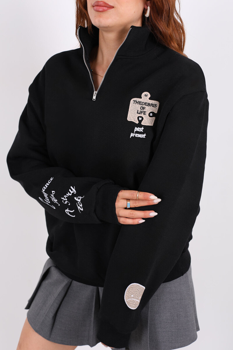 Post Present Baskılı Yarım Fermuarlı Üç İplik Siyah Kadın Sweat - 2