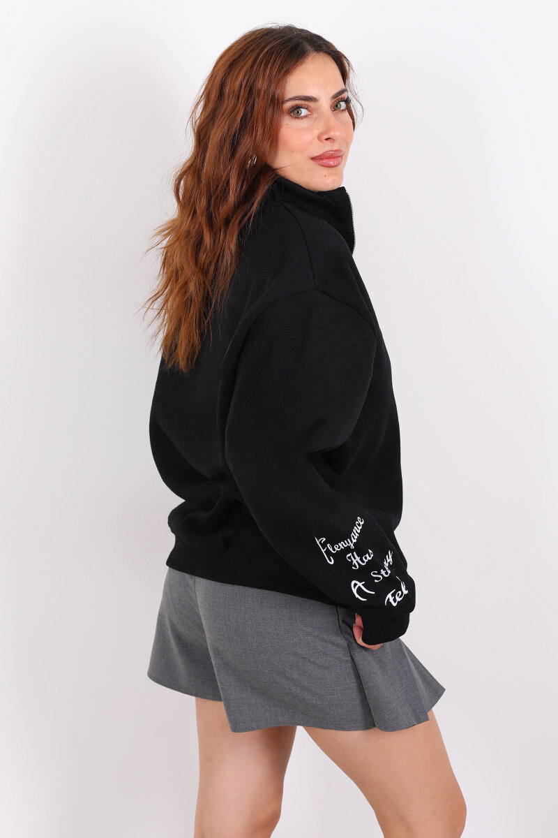 Post Present Baskılı Yarım Fermuarlı Üç İplik Siyah Kadın Sweat - 5