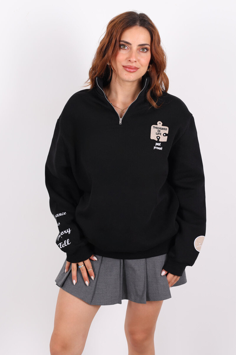 Post Present Baskılı Yarım Fermuarlı Üç İplik Siyah Kadın Sweat - 4