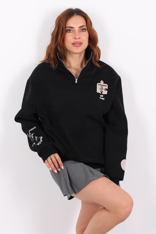 Post Present Baskılı Yarım Fermuarlı Üç İplik Siyah Kadın Sweat - 6