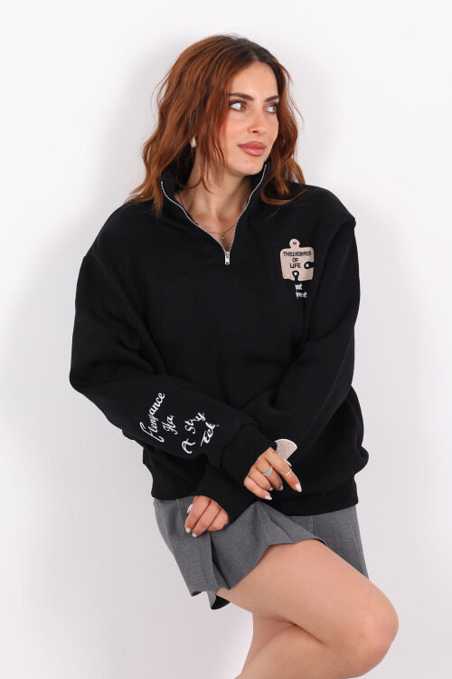 Post Present Baskılı Yarım Fermuarlı Üç İplik Siyah Kadın Sweat - 3