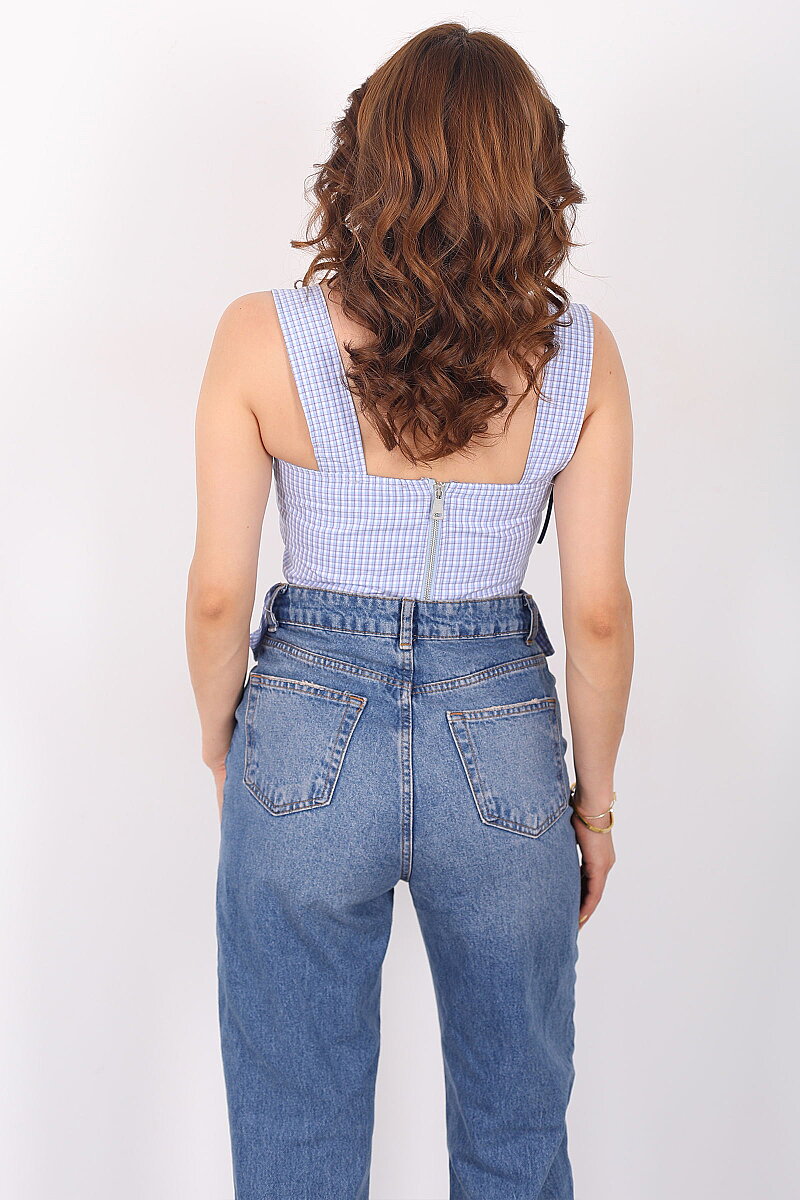 Pötikare Desenli Sırtı Fermuarlı Kadın Bebe Mavi Korse Crop - 5