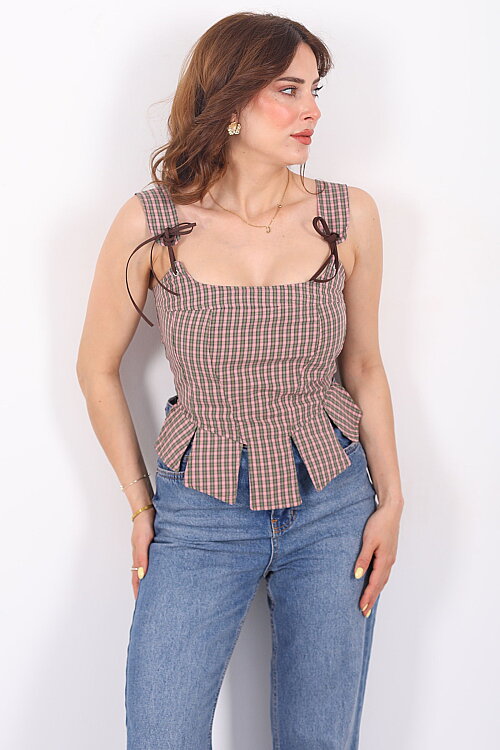 Pötikare Desenli Sırtı Fermuarlı Kadın Haki Korse Crop - 4