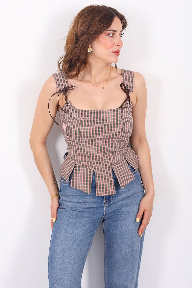 Pötikare Desenli Sırtı Fermuarlı Kadın Haki Korse Crop - 4