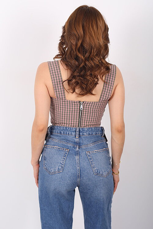 Pötikare Desenli Sırtı Fermuarlı Kadın Haki Korse Crop - 5