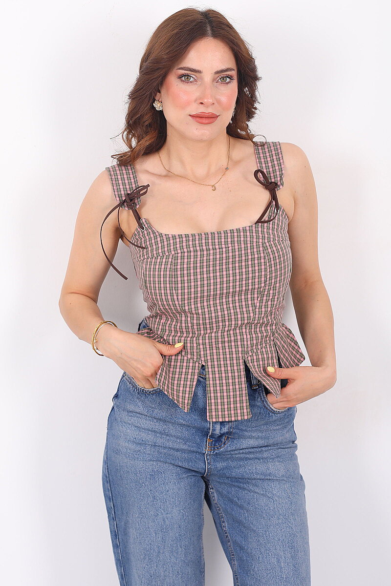 Pötikare Desenli Sırtı Fermuarlı Kadın Haki Korse Crop - 1