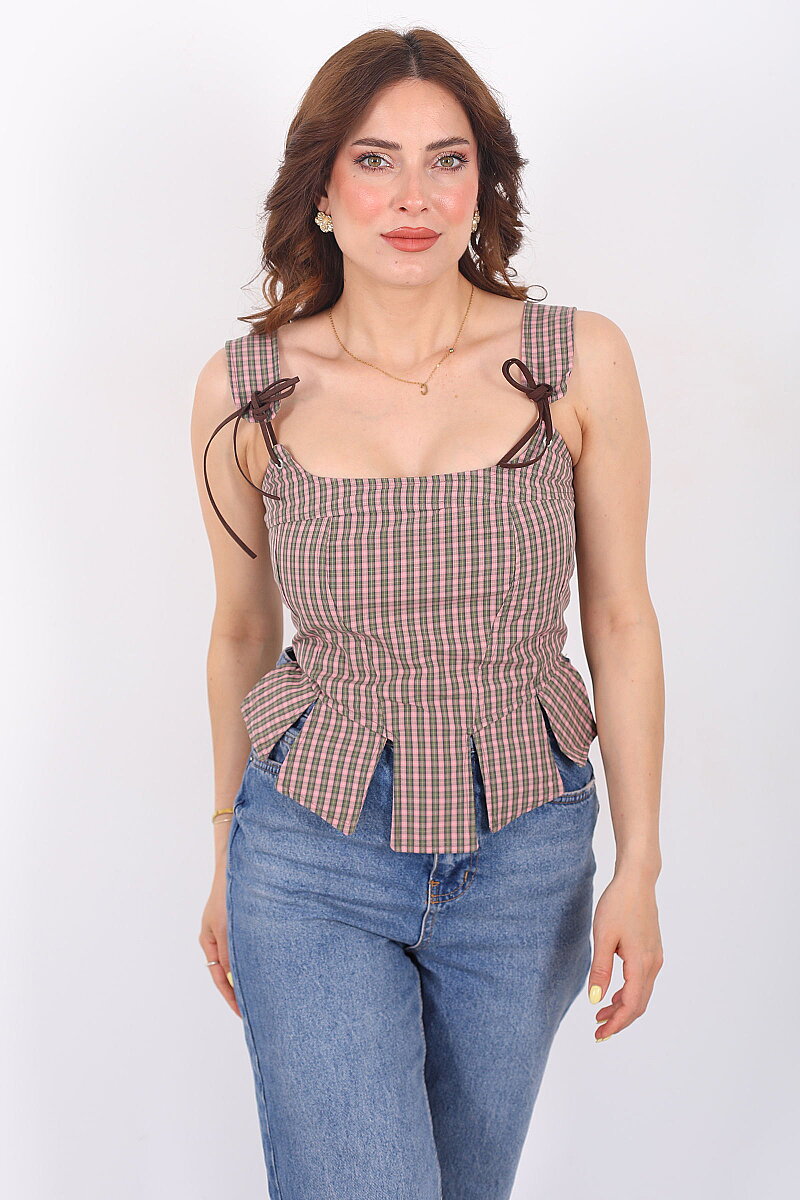Pötikare Desenli Sırtı Fermuarlı Kadın Haki Korse Crop - 6