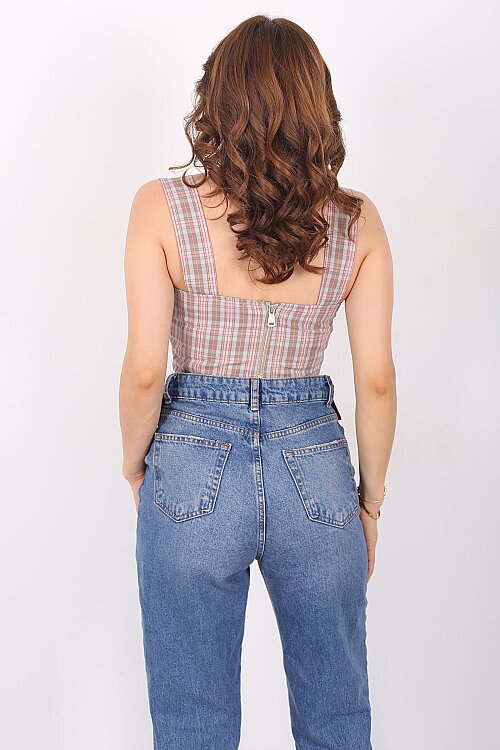 Pötikare Desenli Sırtı Fermuarlı Kadın Pudra Korse Crop - 5
