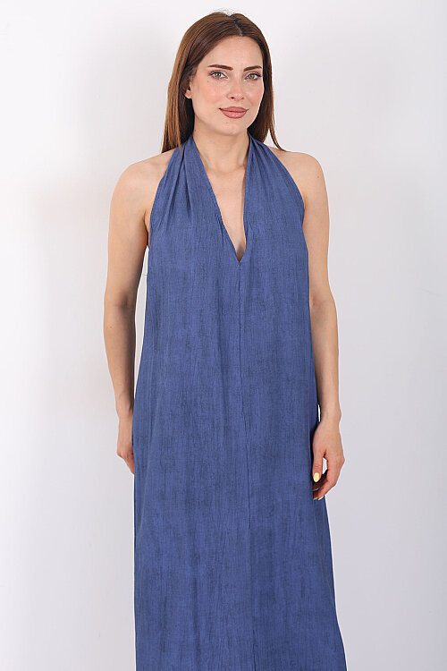 Premium Keten Kadın Marin Maxi Elbise - 6