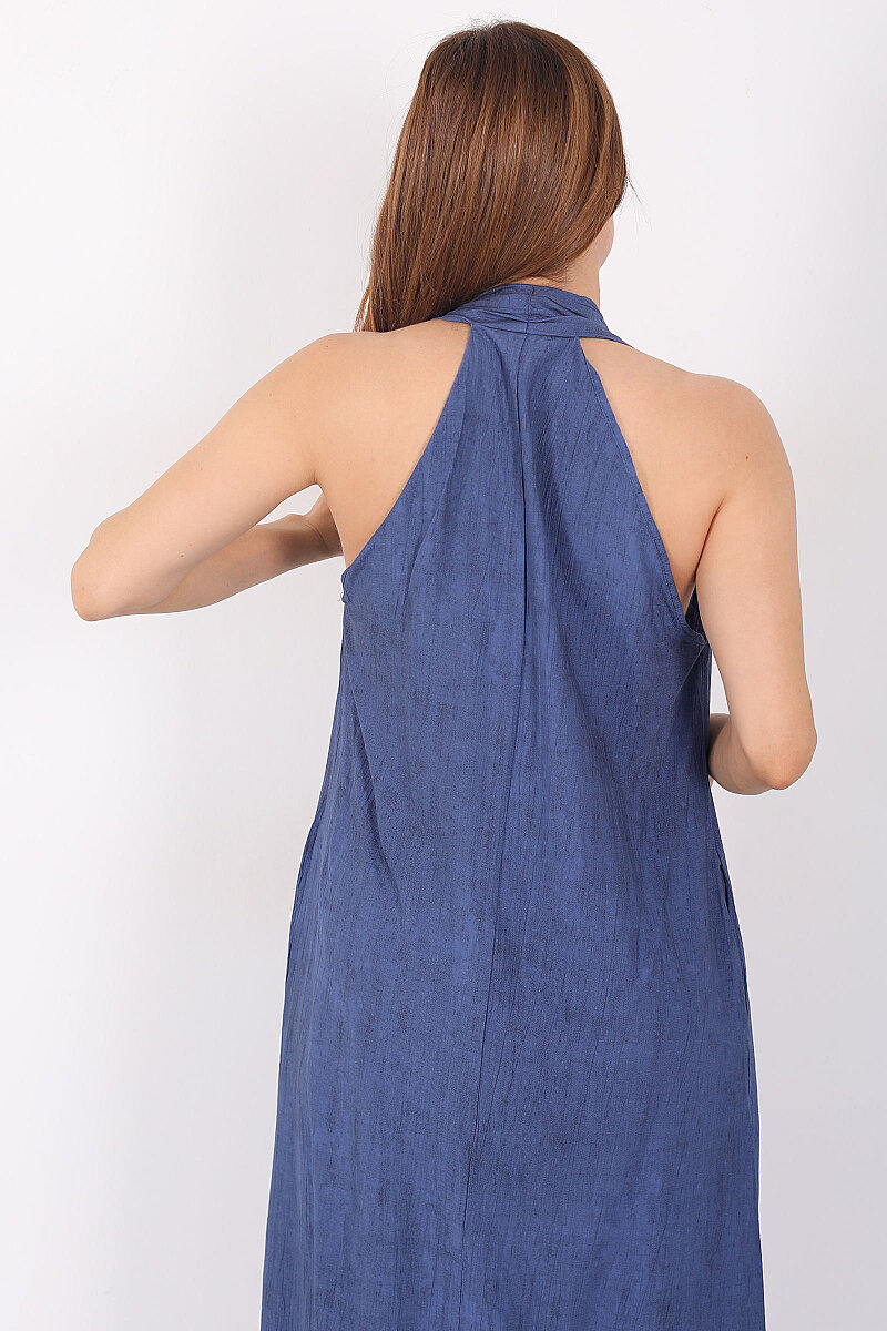 Premium Keten Kadın Marin Maxi Elbise - 5