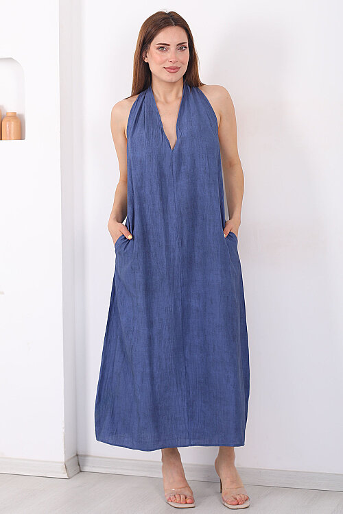 Premium Keten Kadın Marin Maxi Elbise - 4
