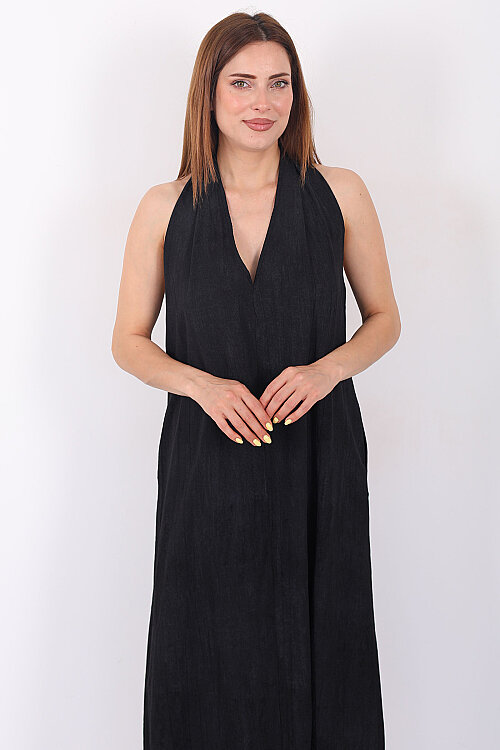 Premium Keten Kadın Siyah Maxi Elbise - 4