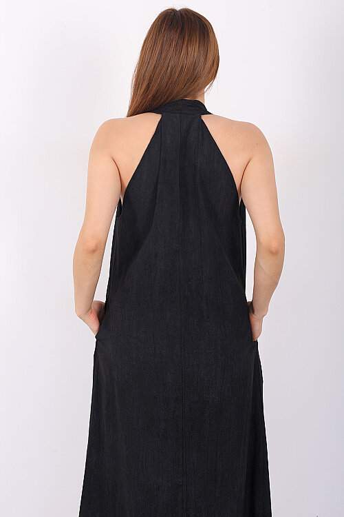 Premium Keten Kadın Siyah Maxi Elbise - 5