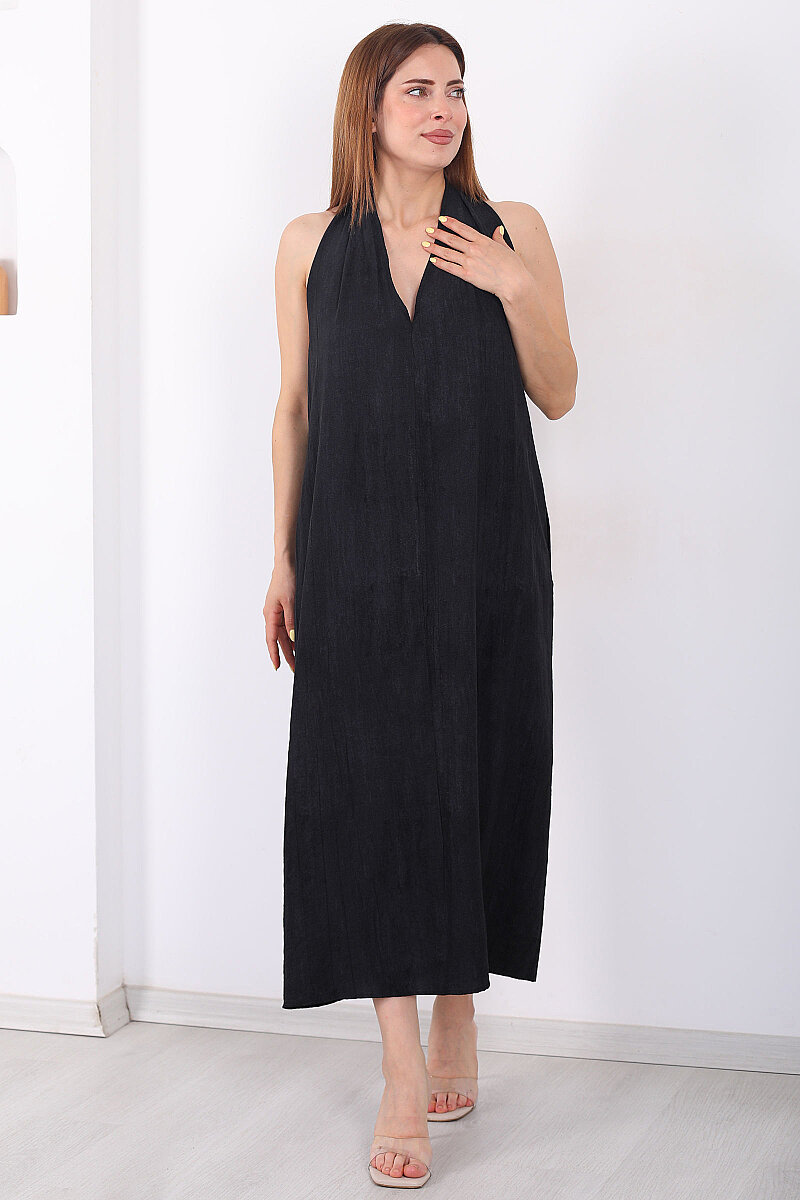 Premium Keten Kadın Siyah Maxi Elbise - 3