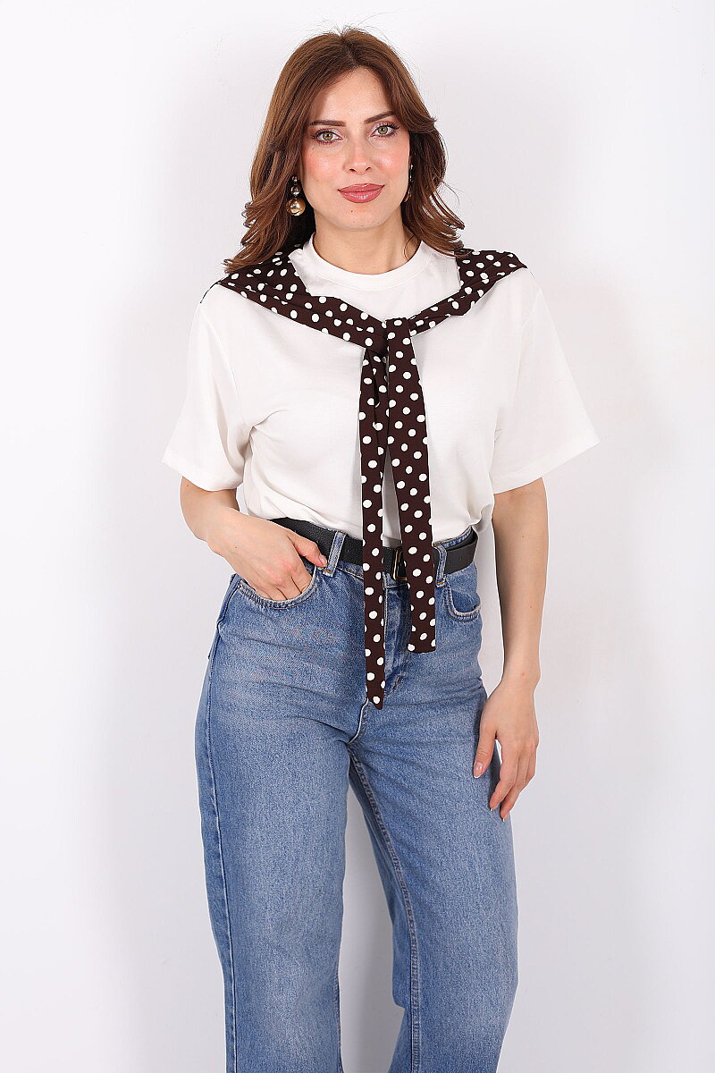 Puantiye Atkı Bağlamalı Kadın Kahverengi Modal T-Shirt - 5