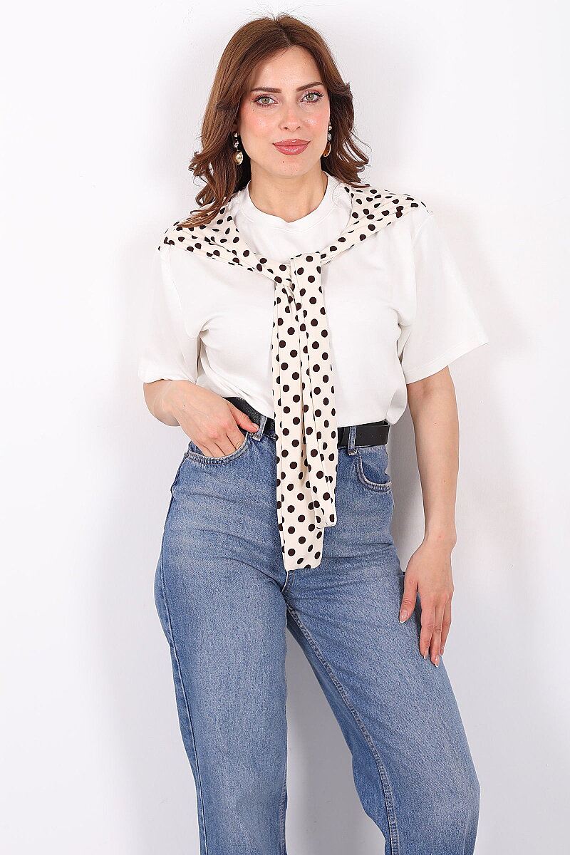 Puantiye Atkı Bağlamalı Kadın Krem Modal T-Shirt - 3