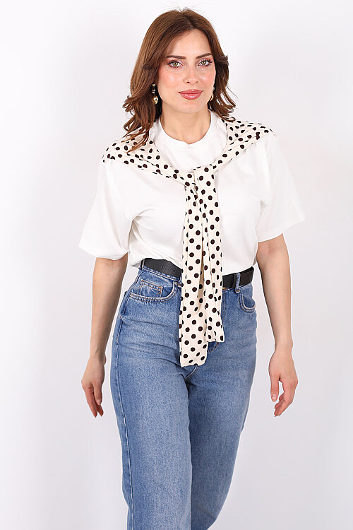 Puantiye Atkı Bağlamalı Kadın Krem Modal T-Shirt - Berox