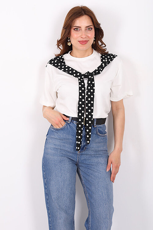 Puantiye Atkı Bağlamalı Kadın Siyah Modal T-Shirt - 3
