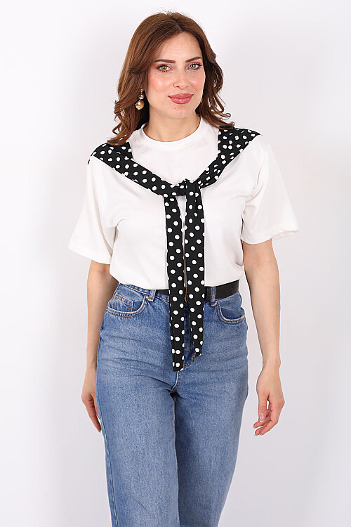 Puantiye Atkı Bağlamalı Kadın Siyah Modal T-Shirt - 4