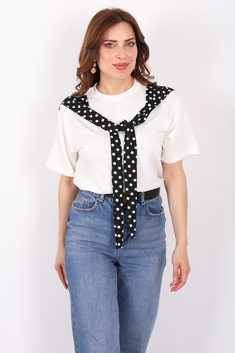 Puantiye Atkı Bağlamalı Kadın Siyah Modal T-Shirt - 4