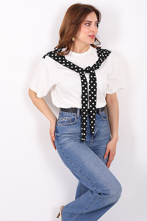 Puantiye Atkı Bağlamalı Kadın Siyah Modal T-Shirt - Berox