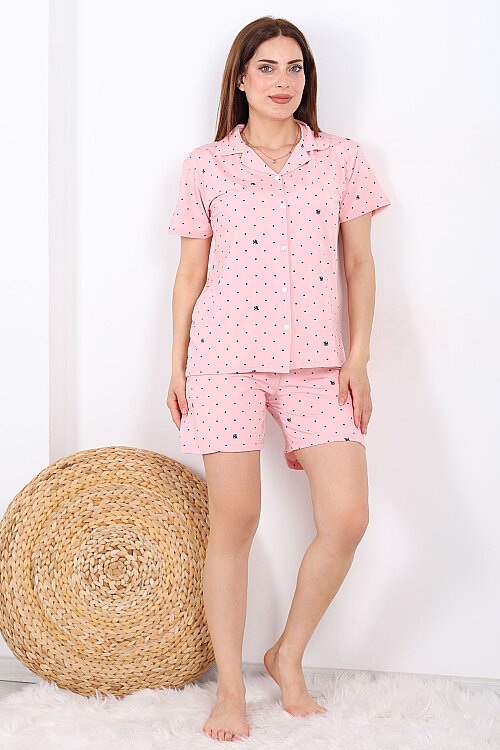 Puantiye Desenli Düğmeli Pembe Kadın Şortlu Pijama Takımı - 3