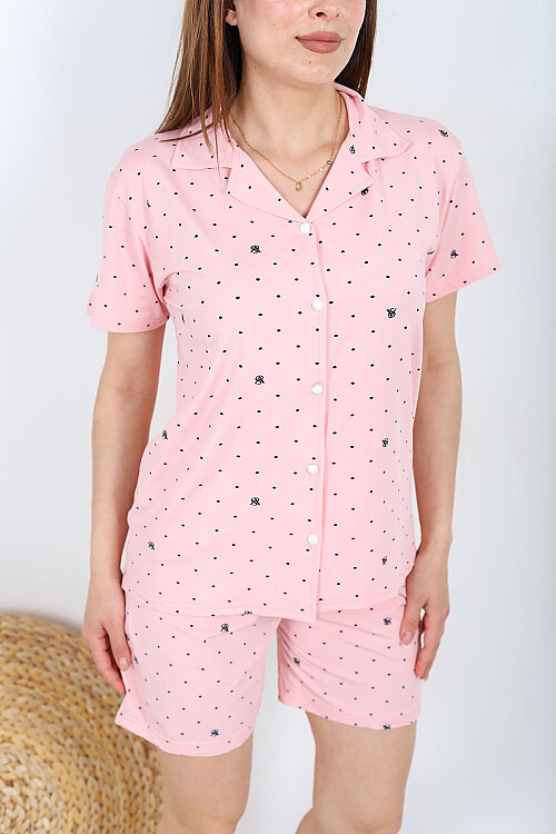 Puantiye Desenli Düğmeli Pembe Kadın Şortlu Pijama Takımı - Berox (1)