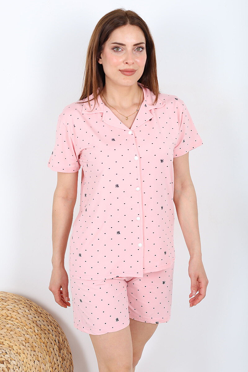 Puantiye Desenli Düğmeli Pembe Kadın Şortlu Pijama Takımı - 4