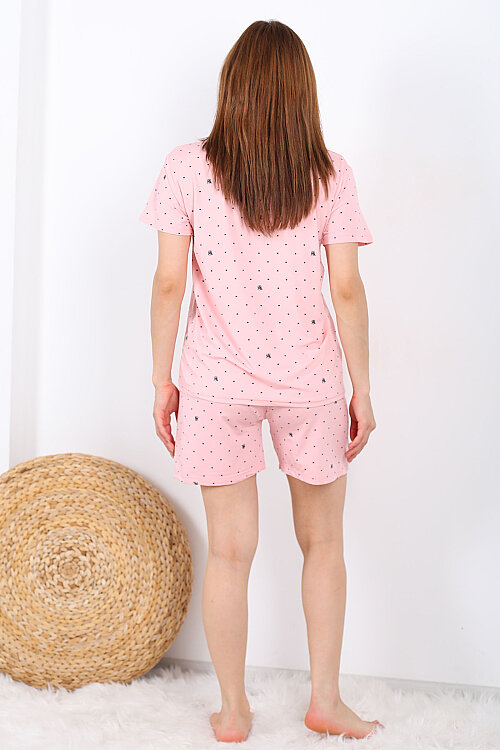 Puantiye Desenli Düğmeli Pembe Kadın Şortlu Pijama Takımı - 5