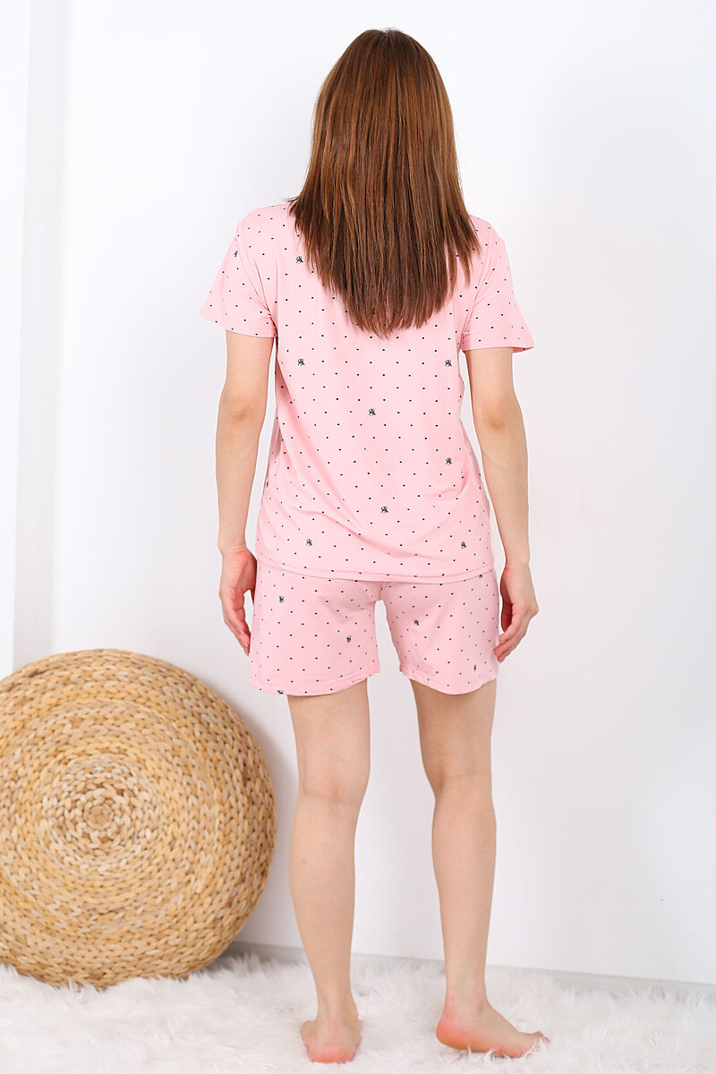 Puantiye Desenli Düğmeli Pembe Kadın Şortlu Pijama Takımı - 5